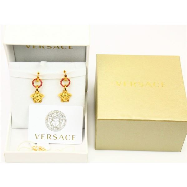 Versace 2" Medusa Head Drop Earrings W/Pink Swarovski Crystals Brand New in Original Boxes W/Tag & A