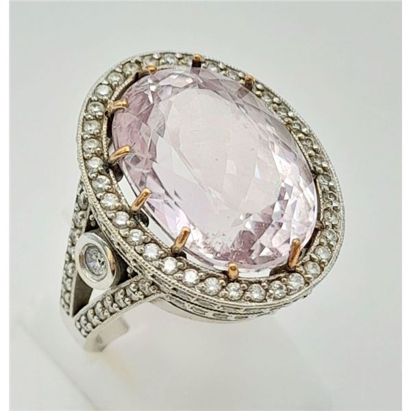 18K White Gold Oval Mixed Cut 13.90ct Kunzite ring.