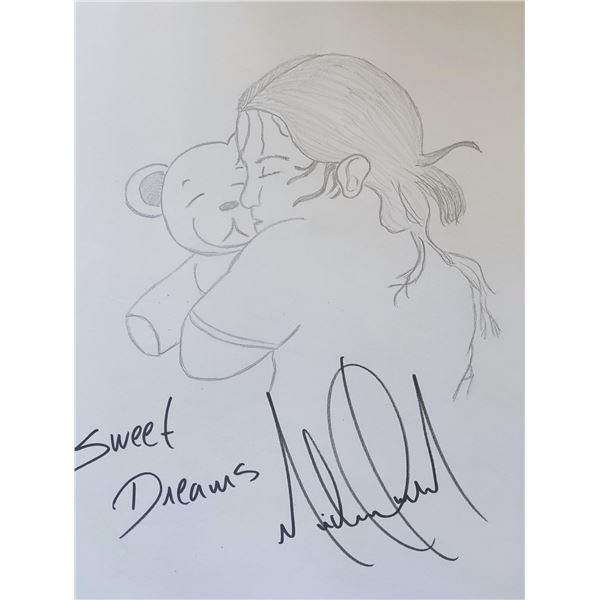 Michael Jackson hand drawn of a child with teddy bear with his signature.