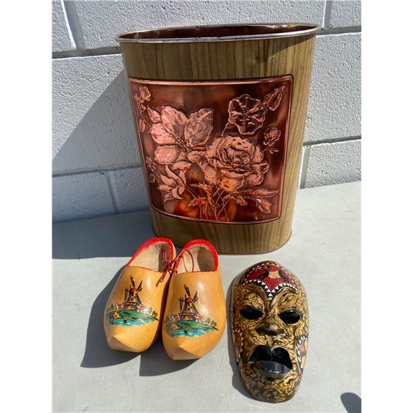 Vintage garbage can, clogs  and mask