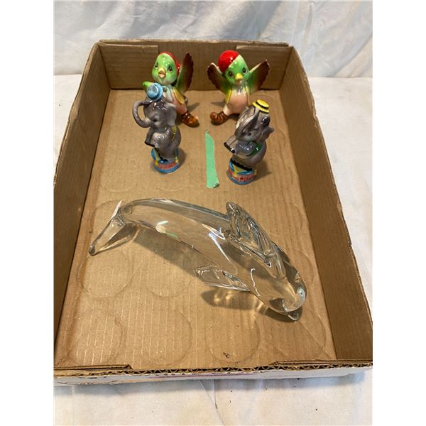 Salt and pepper shakers and glass dolphin