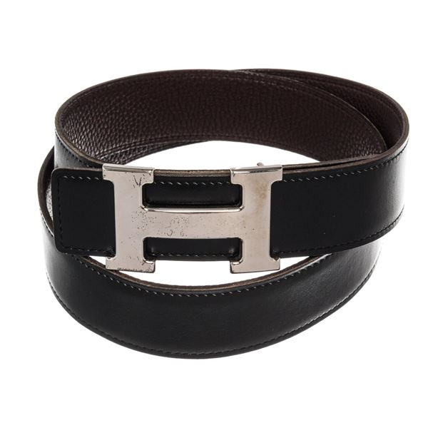 Hermes Black Brown Leather Reversible Mini Constance Belt 80