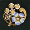 Image 2 : Antique Art Nouveau 14K Gold Diamond Flower Enamel Scroll Repousse Brooch Pin