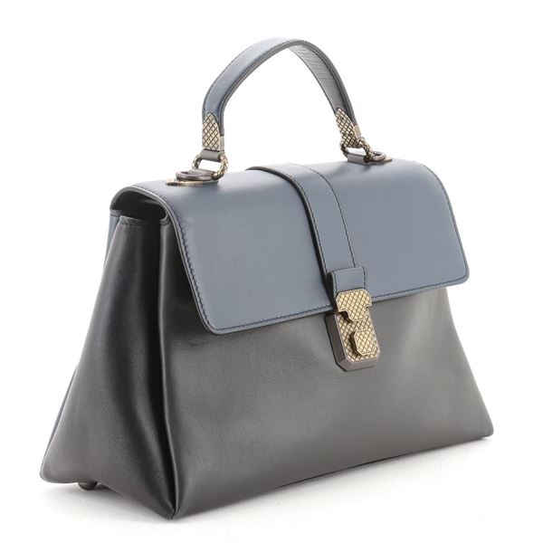 Bottega Veneta Piazza Top Handle Bag Leather with Intrecciato Detail Small Blue,