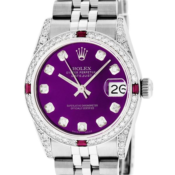 Rolex Mens Stainless Steel Diamond Lugs Purple Diamond & Ruby Datejust Wristwatc