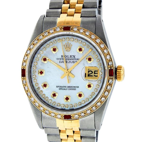 Rolex Mens 2 Tone Mother Of Pearl String Diamond & Ruby Datejust Wristwatch