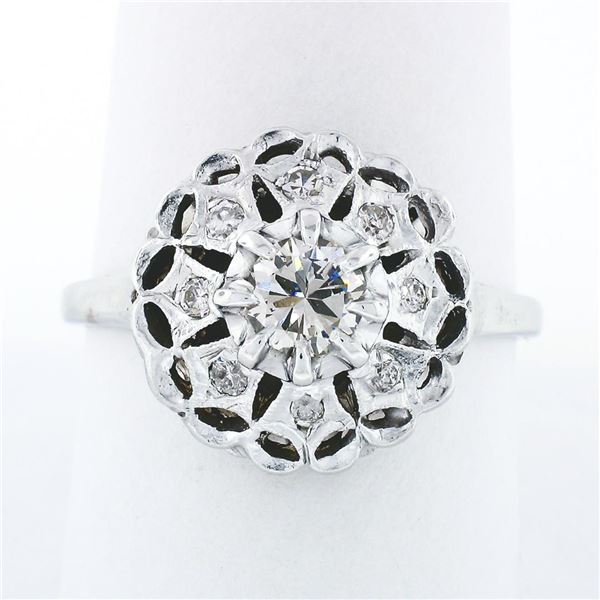 Vintage 14k White Gold 0.70 ctw Round Diamond Open Platter Cluster Cocktail Ring