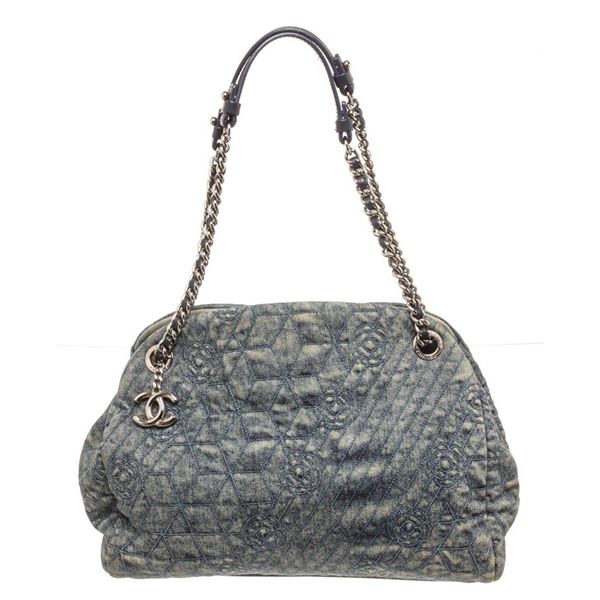 Chanel Grey Black Denim Camelia Large Shoulder Bag