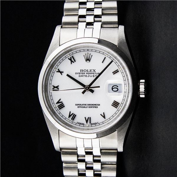 Rolex Mens Stainless Steel White Roman Datejust Jubilee Band Datejust Wristwatch