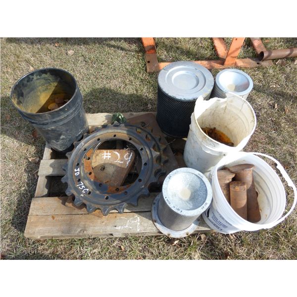 Pallet of Pins, Bolts, 2- Sprockets for JD (75C) and 3- Filters