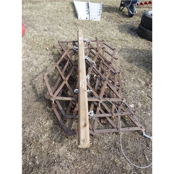 3- Diamond Harrows c/w Wood Draw Bar