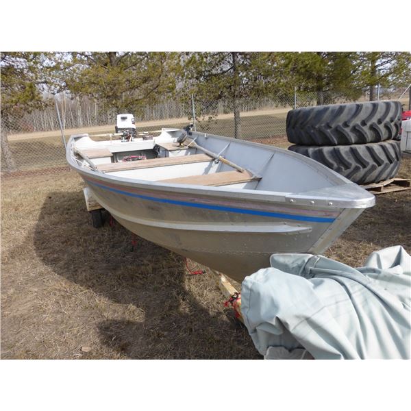 Misty River 14' Boat, Honda 15HP, c/w EZ Loader Trailer (No Serial #), Tarp, Fish Finder (Hummingbir