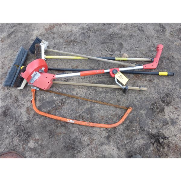 Elec. Weed Trimmer, Bucksaw and Brooms
