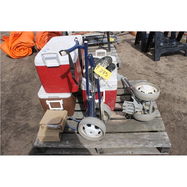 2- Golf Bag Transporters, 3 Coolers and Skates