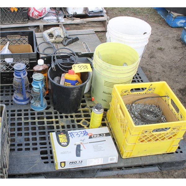 Foam Dispensing Gun, Hinges, Pail Full of Combination Wrenches, Chalk Lines, Table Saw, 2- Lanterns,
