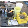 Image 1 : Foam Dispensing Gun, Hinges, Pail Full of Combination Wrenches, Chalk Lines, Table Saw, 2- Lanterns,