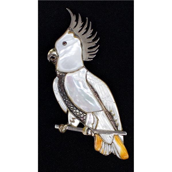 Large Zuni Sterling Inlay Cockatoo Pin Pendant