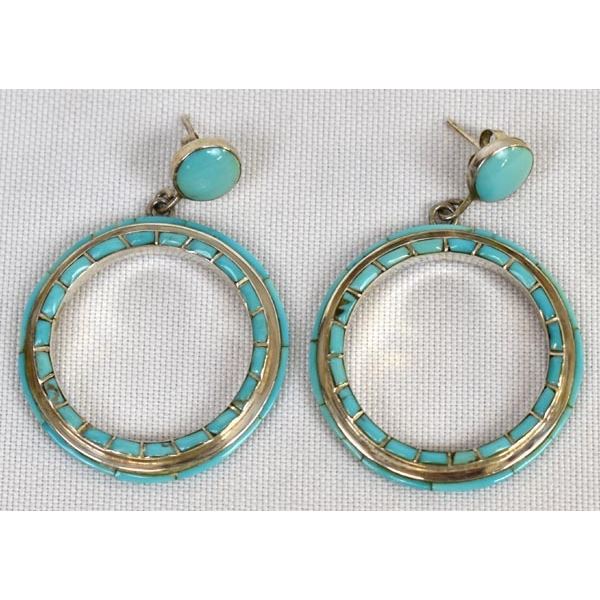 Zuni Sterling Inlay Turquoise Hoop Earrings
