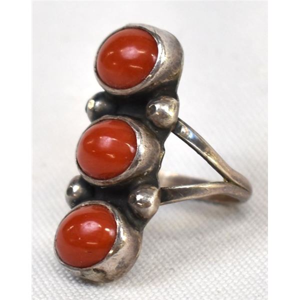 Vintage Native American Sterling Coral Ring, 6.5