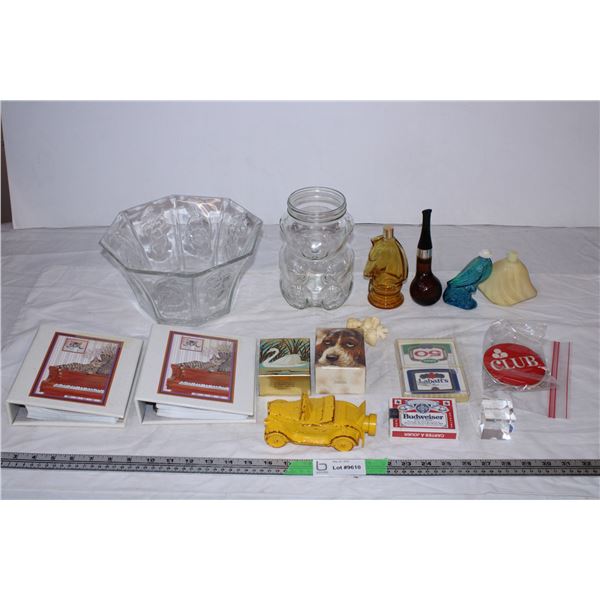 Glass bowl and bear,Avon perfume bottles,cards,misc items
