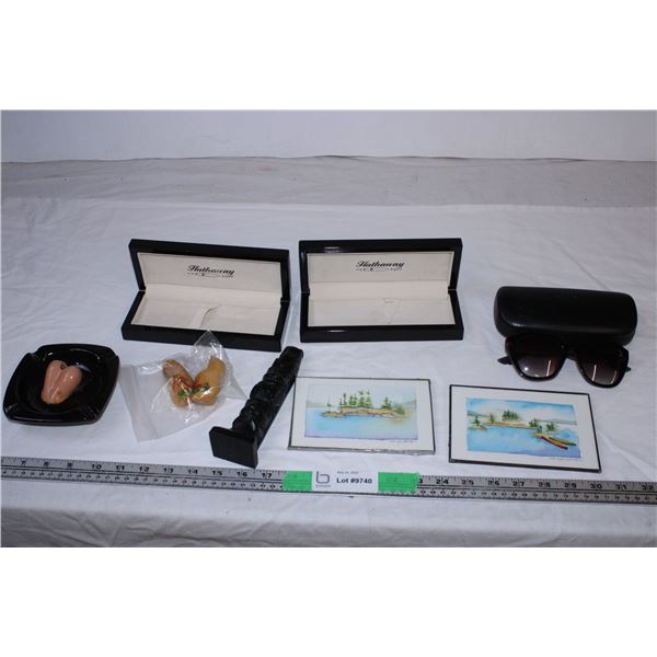 Sunglasses,pen boxes,ash tray,misc items