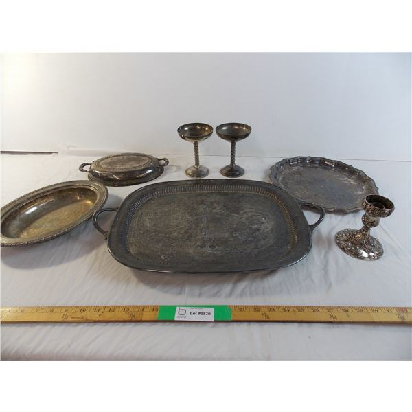 Silverware - Large serving tray, 2 wine goblets (Spain EP brass), fancy candlestick (Godinger), (3) 