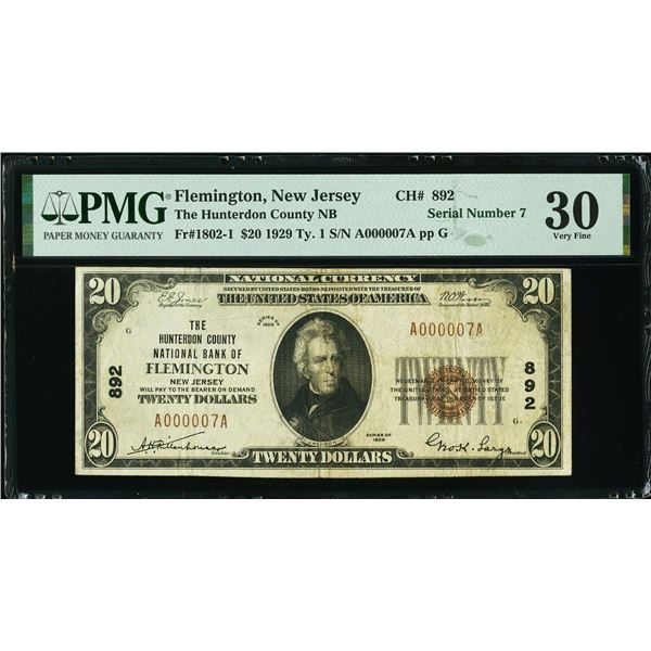 1929 $20 Serial 7 Flemington NJ National PMG 30
