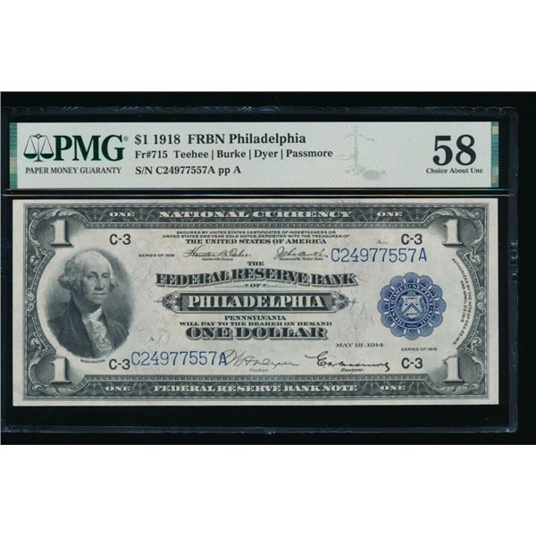 1918 $1 Philadelphia FRBN PMG 58