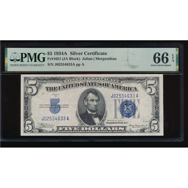 1934A $5 Silver Certificate PMG 66EPQ