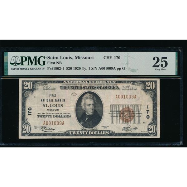 1929 $20 St Louis MO National PMG 25