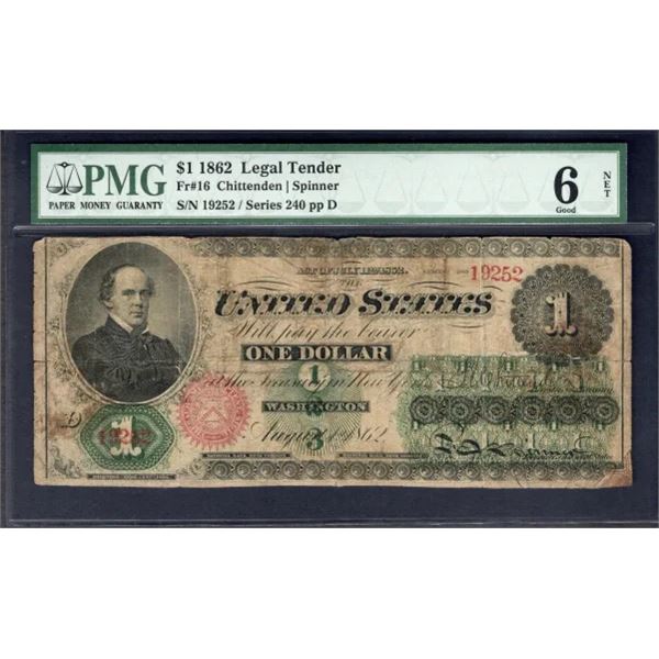 1862 $1 Legal Tender Note PMG 6NET