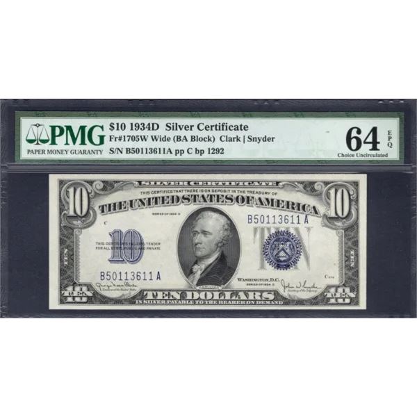 1934D $10 Silver Certificate PMG 64EPQ