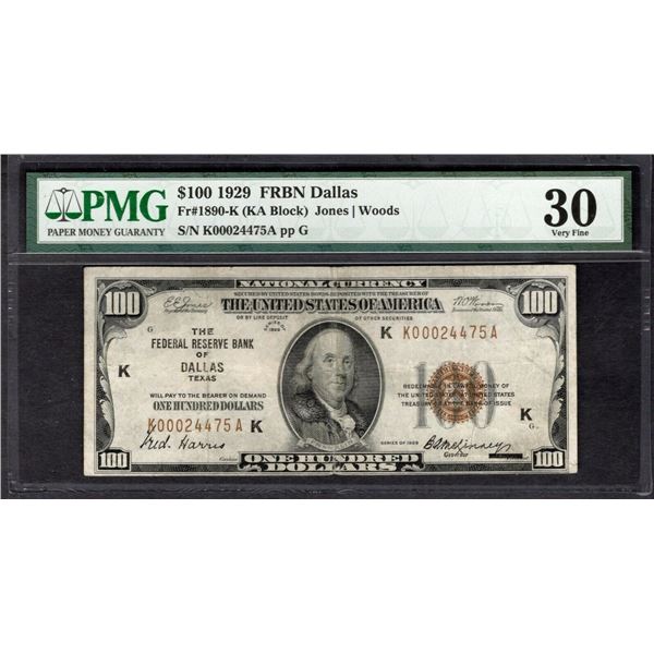 1929 $100 Dallas FRBN PMG 30