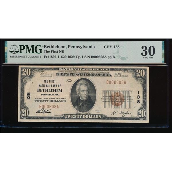 1929 $20 Bethlehem PA National PMG 30