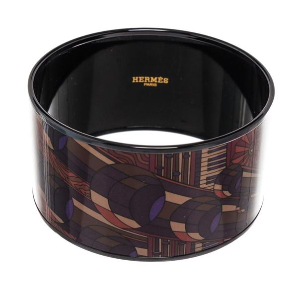 Hermes Wide Printed Enamel Black Plated Bangle