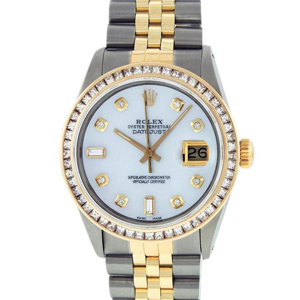 Rolex Mens 2 Tone MOP Princess Cut Diamond Datejust Wristwatch