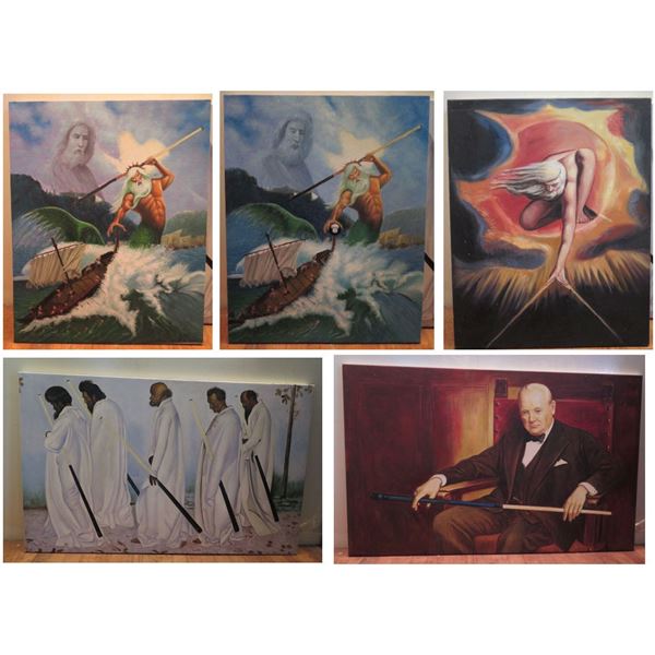 Qty 5 Unframed Artwork Portrait & Religious Themed, Misc Size