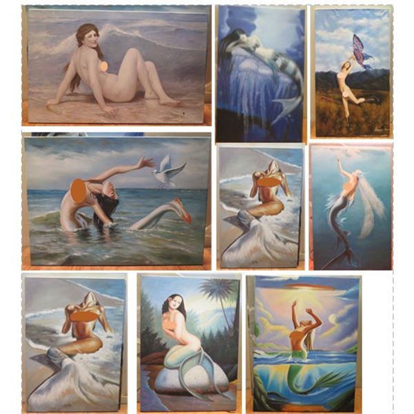 Qty 9 Unframed Artwork Mermaids & Ladies Themed, Misc Size