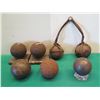 Image 1 : Qty 7 Petanque Boules: 2 on Stone Base, 2 Connected w/ Strap, 1 on Display Base, etc