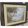 Image 1 : Framed & Matted Palm, Ocean w/ Sailboat Scene Art Signed "P. Brent" 39"x33"
