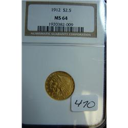 1912 $2.50 Indian Head Gold Coin NGC MS64