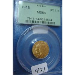 1915 $2.50 Indian Head Gold Coin PCGS MS64