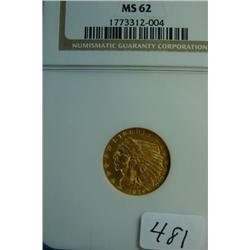 1929 $2.50 Indian Head Gold Coin NGC MS62
