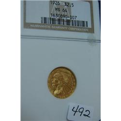 1926 $2.50 Indian Head Gold Coin NGC MS64