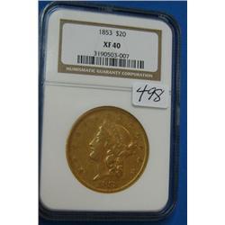 1853 $20 Liberty Gold Coin NGC XF40