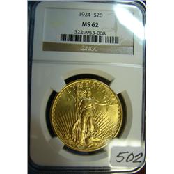 1924 $20 St. Gaudens Gold Coin NGC MS62