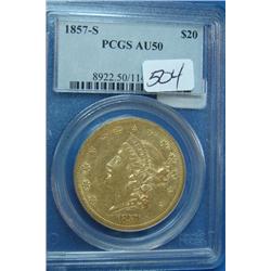 1857-S $20 Liberty Gold Coin PCGS AU50