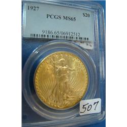 1927 $20 St. Gaudens Gold Coin PCGS MS65