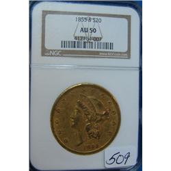 1855-S $20 Liberty Gold Coin NGC AU50