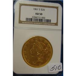 1861-S $20 Liberty Gold Coin AU50
